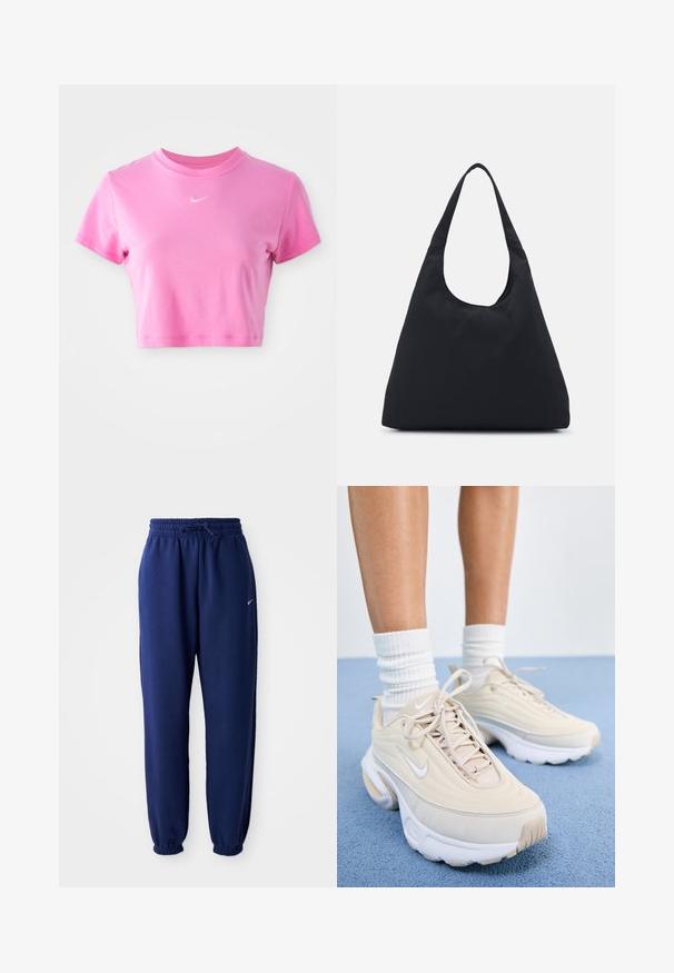 Růžové zkrácené tričko vyrobené z měkké bavlny, s krátkými rukávy, kulatým výstřihem a decentním bílým logem Nike na hrudi.; Tmavě modré tepláky vyrobené z měkké látky, se elastickým pasem se šňůrkou, elastickými manžetami a malým bílým logem.; Béžové sportovní boty s texturovaným svrškem, bílými tkaničkami a silnou bílou podrážkou. Design obsahuje jemné křivky a malé logo.; Černá textilní taška s jedním širokým ramenním popruhem. Měkký, polosunkční tvar a hladký povrch; minimalistický design, bez viditelného kovového hardware.