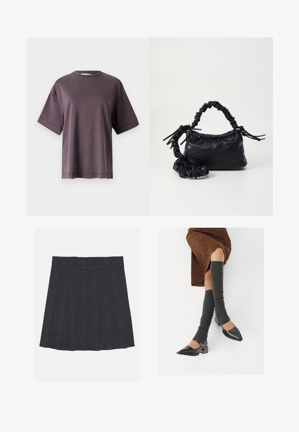 Purple crew-neck t-shirt, short sleeves, made of soft fabric with a relaxed fit. Features a plain design and clean stitching along the hem.; Dark gray pleated skirt with an elastic waistband, featuring a textured fabric and a classic A-line silhouette. Suitable for casual wear.; Black patent leather pointed-toe shoes with a block heel and ankle strap, paired with gray ribbed leg warmers and a brown suede skirt.; Black faux leather handbag with a crocodile texture, cinched top, and a scrunched strap. Appears soft and compact in design.