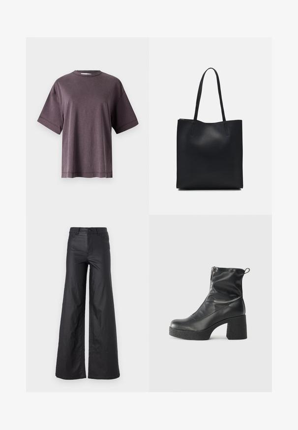 Tricou cu guler rotund de culoare mov, cu mâneci scurte, realizat dintr-un material moale cu un croi lejer. Are un design simplu și cusături curate pe bordură.; Pantaloni negri, cu picioare largi, dintr-un material de piele ecologică. Prezentază talie înaltă, bucle pentru curea, două buzunare frontale și detalii cusute.; Bocanci negri de glezna din piele netedă, cu fermoar lateral, toc texturat și masiv, și design cu vârf rotund.; Geantă tote neagră din piele, cu textură netedă, formă rectangulară și două mânere lungi. Fără hardware vizibil sau ornamente.