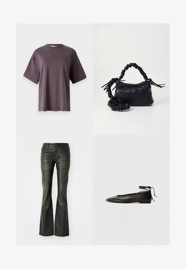 Violetti pyöreäkauluksinen t-paita, lyhyet hihat, valmistettu pehmeästä kankaasta, jossa on rento istuvuus. Ominaisuuksina yksinkertainen muotoilu ja siisti tikkaus helman ympärillä.; Mustat tekonahkaiset levenevät farkut etutaskuilla, metallinappikiinnityksellä ja hieman teksturoituneella pinnalla. Suora lahje pitkällä leikkauksella.; Musta nahka ballet-flatit, joissa on terävä kärki, nilkkaremmiliitos ja litteä pohja, varustettuna sileällä pinnalla ja minimalistisella muotoilulla.; Must-have mustekahvi nahkalaukku krokotiiliaistalla, kiristetty yläosa ja rypistetty hihna. Näyttää pehmeältä ja kompaktilta muotoilultaan.