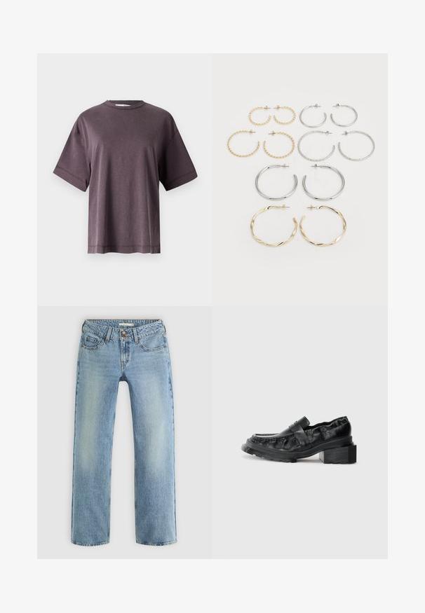 Violets krāsas t-krekls ar apaļu kakla izgriezumu, īsām piedurknēm, izgatavots no mīksta auduma ar brīvu fit. Tam ir vienkāršs dizains un tīra šuvuma apdare gar apakšu.; Gaiši zila taisna kāju džinsi, izgatavoti no denima, ar pogu aizdari, piecām kabatām un vieglu izbalēšanu gar kājām.; Melnas ādas loafers ar strukturētu zoli, kurai ir nedaudz pacelts bloku papēdis un teksturēts virspusē, nodrošināts ar priekšējo siksniņu.; Divpadsmit auskaru komplekts ar riņķiem sudraba un zelta tonī. Ietver vītņotus, gludus un teksturētus dizainus ar dažādiem izmēriem un apdares veidiem.