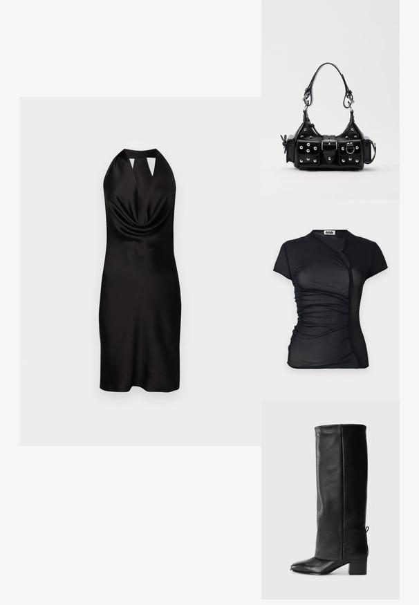 Čierne tričko s krátkym rukávom vyrobené z priehľadnej tkaniny s prekrývajúcim dizajnom, so zhromaždenou textúrou po stranách a gombíkovým zapínaním pri krku.; Čierne saténové šaty s odhalenými ramenami a drapovaným predným dielom, priliehavý strih a výrez v oblasti výstrihu, dosahujúce do polovice stehna.; Čierne kožené vysoké čižmy s hladkým povrchom, štvorcovou špičkou, blokovým podpätkom a bočným viazaním pre nastaviteľné prispôsobenie.; Čierna kožená kabelka s zakriveným dizajnom, doplnená striebornými cvočkami, prackou a dvoma bočnými vreckami. Nastaviteľný popruh poskytuje rôzne možnosti nosenia.