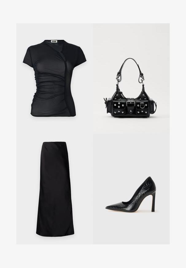 Czarna, krótko rękawowa bluzka z przezroczystego materiału o kroju kopertowym, z marszczonym wykończeniem po bokach i zapięciem na guzik przy dekolcie.; Norma Kamali - Długa spódnica; Czarne szpilki z ostrym noskiem, pokryte teksturą skóry krokodyla, charakteryzujące się eleganckim wzornictwem, wysokim obcasem w stylu stiletto oraz gładkim czarnym wnętrzem.; Czarna skórzana torebka w zakrzywionym kształcie, z srebrnymi ćwiekami, klamrą i dwoma bocznymi kieszeniami. Regulowany pasek umożliwiający różne opcje noszenia.