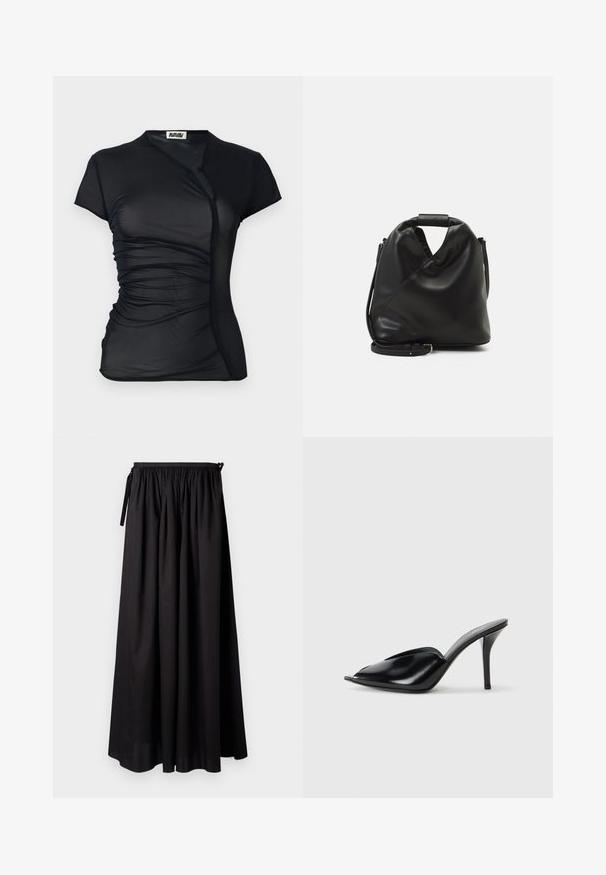 Musta, lyhythihainen paita, joka on valmistettu läpinäkyvästä kankaasta, ja joka on muotoiltu kietoutuvaksi. Sivuille on kerätty tekstiilin pintaa ja kaula-aukon yläosassa on nappikiinnitys.; Musta maksihame, jossa on koottu vyötärö, solmimis yksityiskohdat ja virtaava muotoilu sileästä kankaasta. Ei näkyviä kuvioita tai korosteita.; Musta nahkainen korkeakorkoinen mules-malli, avoimella varpaalla, terävä muotoilu, sileä pinta ja kapea stilettokorko.; Mustan, pehmeän nahkabagin ainutlaatuinen kierretty muotoilu. Varustettu lyhyellä kahvalla ja irrotettavalla olkahihnalla. Minimalistinen tyyli.