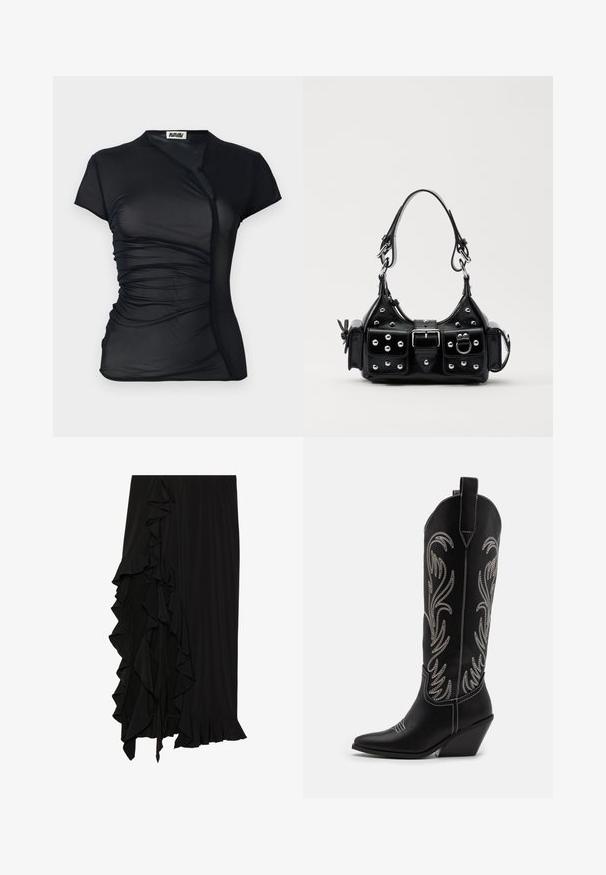 Black, short-sleeve top made of sheer fabric with a wrap design, featuring gathered texture on the sides and a button closure at the neckline.; Black skirt made of soft fabric with a ruffled detail along the left side and a flounced hem at the bottom, creating a flowing silhouette.; Black leather cowboy boots with pointed toes, wedge heels, and silver embroidered floral patterns along the shaft. Contrast stitching throughout.; Black leather handbag with a curved design, featuring silver studs, a buckle, and two side pockets. Adjustable strap for carrying options.