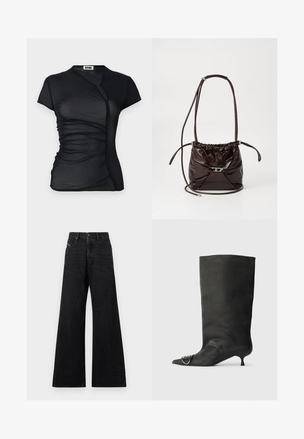 Schwarzes Kurzarmoberteil aus transparenter Stoff mit Wickeldesign, das an den Seiten eine geraffte Textur und einen Knopfverschluss am Ausschnitt aufweist.; Schwarze Jeans mit weitem Bein aus Denim, gefertigt mit hoher Taille, Fünf-Taschen-Design und subtilen Zierstichen auf der Vorderseite.; Schwarze Leder-Ankle Boots mit spitzem Zehenbereich, kleinem Absatz und metallischen Akzenten an der Spitze. Sanfte, matte Textur im gesamten Schuh.; Dunkelbraune, glänzende Ledertasche mit gerafft oben und dünnem, verstellbarem Tragegurt, ausgestattet mit einem kleinen silberfarbenen Verschlussdetail auf der Vorderseite.