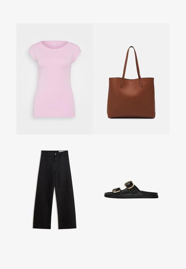 GAP BATEAU - Basic T-shirt - sugar pink; Black wide-leg denim pants with a high waist, featuring front and back pockets, stitched seams, and a button closure. Smooth texture.; Black slide sandal with two gold buckle accents, smooth textured material, flat sole, and a minimalist design.; Brown leather tote bag with a smooth texture, open top design, and two shoulder straps. Features minimal stitching and no visible hardware.