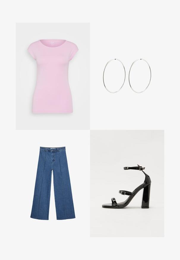 GAP - T-shirt basic; Jeans typu wide-leg w średnim niebieskim kolorze, z wysokim stanem, zapięciem na guziki oraz kontrastowymi szwami pionowymi z przodu.; Czarne lakierowane sandały na obcasie z kwadratowym noskiem, z paskami wokół kostki i srebrnymi klamrami. Posiadają masywny słupek dla stabilności.; Srebrne kolczyki na kółku o gładkim, okrągłym kształcie i wypolerowanym wykończeniu. Są cienkie i lekkie, z prostym zapięciem.