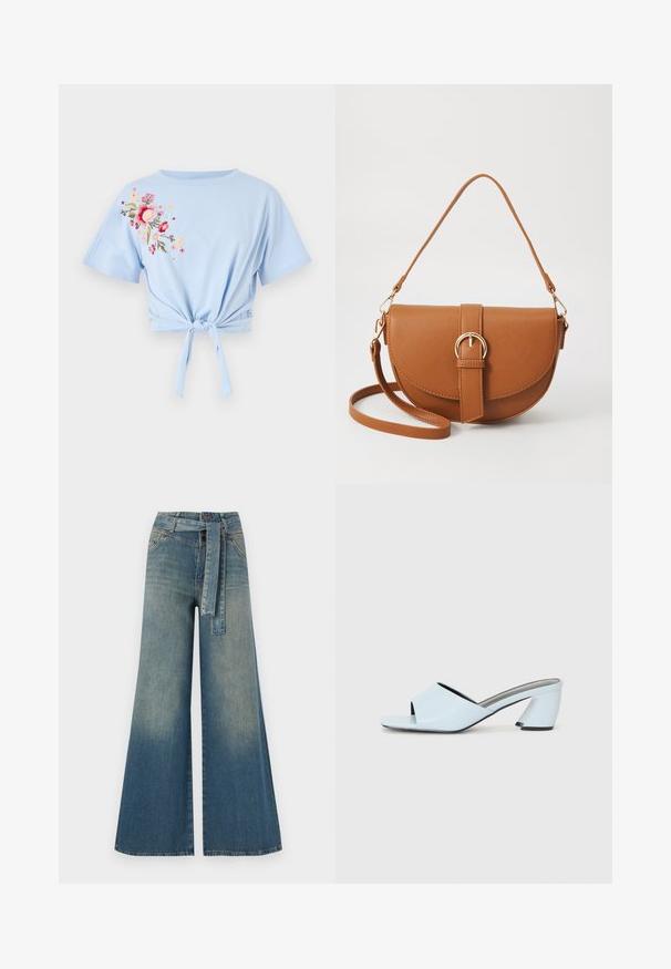 Svijetloplava skraćena majica s okruglim izrezom i kratkim rukavima, s cvjetnim vezom u ružičastoj i žutoj boji s lijeve strane i detaljem čvora.; Široke traperice s gradijentom od svijetloplave do tamnoplave, visokog struka, petljama za remen i remenom od istog materijala. Teksturirana traper tkanina.; Svijetloplave sandale na visoku petu s otvorenim prstima, s geometrijskim dizajnom, koje imaju široku traku preko stopala i debelu, kutnu petu.; Smeđa kožna torba preko tijela s zakrivljenim oblikom, zlatnim metalnim detaljima i naglaskom na kopču. Ima odvojivu naramenicu.