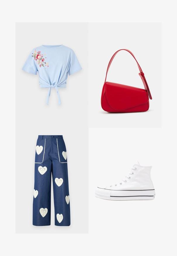 Light blue cropped t-shirt with a round neckline and short sleeves, featuring floral embroidery in pink and yellow on the left side and a tied knot detail.; Sister Jane HEART TO HEART - Straight leg jeans - blue denim; White high-top canvas sneaker with black rubber sole, front rubber toe cap, and six eyelets for laces, featuring a clean, minimalist design.; Red leather handbag with an angular, geometric design. Features a single adjustable strap and a flap closure with stitched detailing.