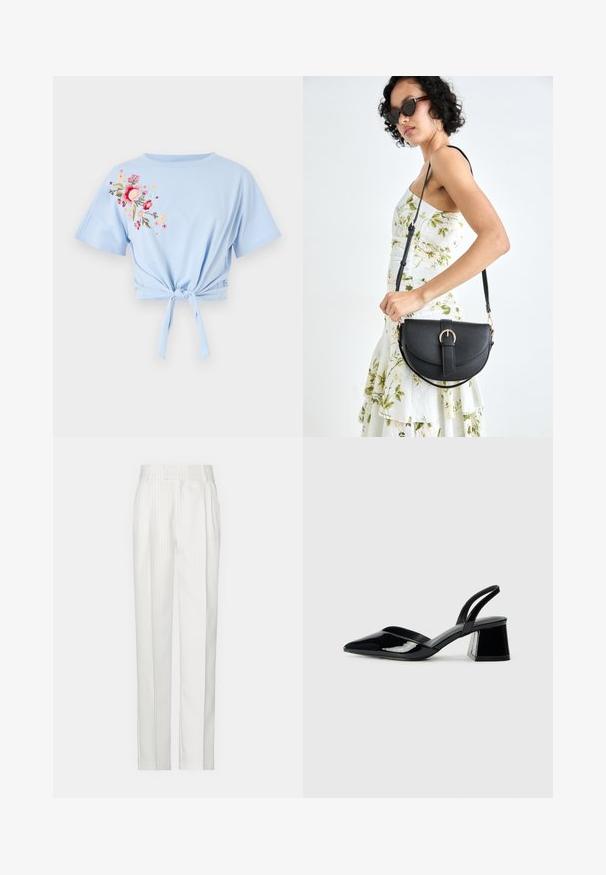 Vaaleansininen lyhythihainen cropped-paita, jossa on pyöreä pääntie ja lyhyet hihat. Paidan vasemmalla puolella on vaaleanpunaisia ja keltaisia kukkakirjontoja sekä solmittu yksityiskohta.; Valkoiset raitapantalot suoralinjaisella designilla, valmistettu kevyestä kankaasta. Edessä on laskoksia ja perinteinen vyötärö.}}; Mustat patentoitu nahkakengät, joissa on säären takaosa ja terävä kärki, sekä geometrinen palikkakorko. Sisältää tyylikkään, minimalistisen muotoilun ja sileän pinnan.; Musta nahkainen käsilaukku, joka on kaareva muotoilultaan, irrotettavalla hihnalla ja kultaisilla yksityiskohdilla. Laukussa on läppä, jossa on solk yksityiskohta.