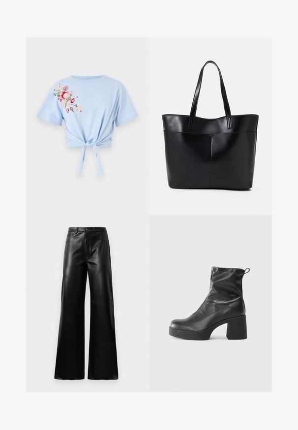 Himmelblaues, kurz geschnittenes T-Shirt mit rundem Halsausschnitt und kurzen Ärmeln, verziert mit floraler Stickerei in Pink und Gelb auf der linken Seite und einem geknüpften Detail.; Schwarze leichte, weit geschnittene, hochtaillierte Kunstlederhose mit vorderem Knopf, Reißverschluss, Gürtelschlaufen und Seitentaschen auf weißem Hintergrund.; Schwarze Stiefeletten aus glattem Leder mit seitlichem Reißverschluss, klobigem strukturiertem Absatz und runder Zehenform.; Schwarze Leder-Shopper-Tasche mit zwei langen Griffen, einer glatten Textur und einer strukturierten Form. Verfügt über eine Vordertasche für zusätzlichen Stauraum.