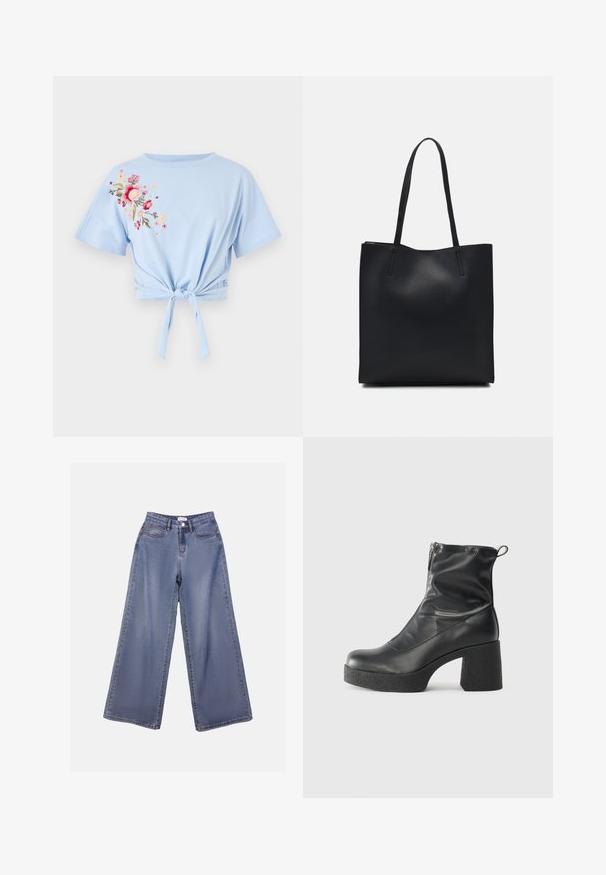 Lyseblå cropped t-skjorte med rund hals og korte ermer, med blomsterbroderi i rosa og gult på venstre side og en knytt detalj.; Bredde ben jeans i lys blå vask, med høy livhøyde, frontlommer og knappelukking med beltehemper.; Svarte ankelstøvler laget av glatt lær, med glidelås på siden, chunky strukturert hæl, og rund tå-design.; Svart lær tote bag med glatt tekstur, rektangulær form og to lange håndtak. Ingen synlige deler eller dekorasjoner.