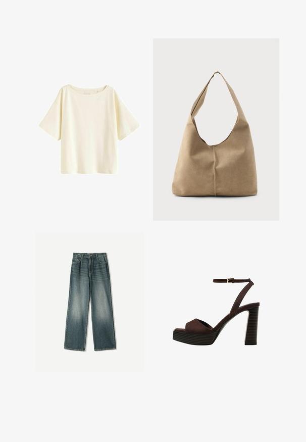 Creme katoenen T-shirt, cropped ontwerp, wijde korte mouwen, ronde halslijn, effen met een gladde textuur, zonder zichtbare patronen of accenten.; Wijdvallende denim jeans in een vervaagde blauwe was, met vijf zakken, een knoopsluiting en subtiele slijtage details aan de voorkant.; Bruine suède high-heeled sandaal met een open teen, verstelbare enkelband en een gestreepte plateauzool.; Hobo tas in zacht beige suede met een slungelige vorm, brede schouderband en een handgestikte naad langs de voorkant.