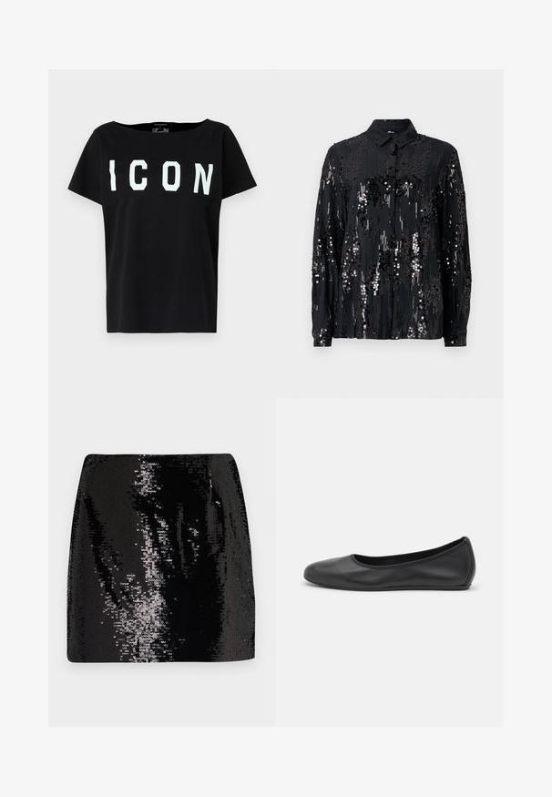 Schwarzes Baumwoll-T-Shirt mit weitem Ausschnitt und kurzen Ärmeln. Fette weiße "ICON"-Buchstaben auf der Vorderseite. Schlichter Rücken. Weiche Textur.; Schwarze Knopfleiste-Bluse aus mit Pailletten verziertem Stoff, mit Kragen und langen Ärmeln, die ein schimmerndes, strukturiertes Muster aufweist.; Schwarzer Pailletten-Minirock mit tailliertem Design, hoher Taille und glänzender Textur, der reflektierende Oberflächendetails und eine schicke Silhouette aufweist.; Schwarze Leder-Ballettschuhe mit abgerundeter Spitze, glatter Textur, minimalen Nähdetails und einem flexiblen Sohlen-Design.