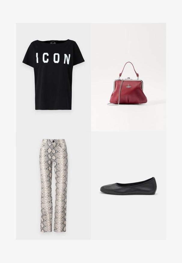 Black cotton T-shirt with a wide neckline and short sleeves. Bold white "ICON" lettering on the front. Plain back. Soft texture.; Snake-print trousers in a beige and gray color scheme. Straight-leg design with a textured finish and front pockets. Features a button closure.; Black leather ballet flat with a rounded toe, smooth texture, minimal stitching detail, and a flexible sole design.; Red leather handbag with a silver chain strap, rounded shape, pleated design, and a metal clasp at the top. Embellished with a logo detail.