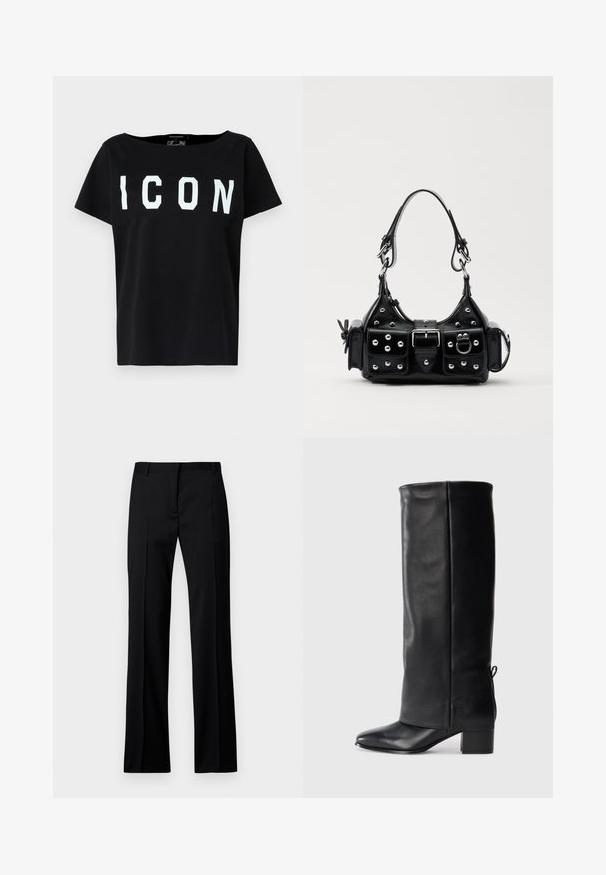 Schwarzes Baumwoll-T-Shirt mit weitem Ausschnitt und kurzen Ärmeln. Fette weiße "ICON"-Buchstaben auf der Vorderseite. Schlichter Rücken. Weiche Textur.; Schwarze gerade geschnittene Hosen aus glattem Stoff, mit flachem Bund, Gürtelschlaufen und ohne sichtbare Taschen oder Verzierungen.; Schwarze Leder-Stiefel bis zum Knie mit glatter Oberfläche, quadratischer Zehenpartie, Blockabsatz und seitlichen Bindebändern für eine verstellbare Passform.; Schwarze Lederhandtasche mit einem geschwungenen Design, verziert mit silbernen Nieten, einer Schnalle und zwei seitlichen Taschen. Verstellbarer Träger für verschiedene Tragemöglichkeiten.