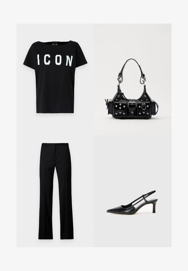 Camiseta de algodão preta com decote largo e mangas curtas. Letras brancas em negrito "ICON" na frente. Costas lisas. Textura suave.; Calças pretas de perna reta em tecido suave, com frente lisa, passantes para cinto e sem bolsos ou adornos visíveis.; Salto slingback em patente preta com bico apontado, apresentando um padrão de pele de cobra texturizado, tira ajustável e um salto bloco curto e texturizado.; Bolsa de couro preta com um design curvado, apresentando tachas prateadas, uma fivela e dois bolsos laterais. Alça ajustável para opções de transporte.