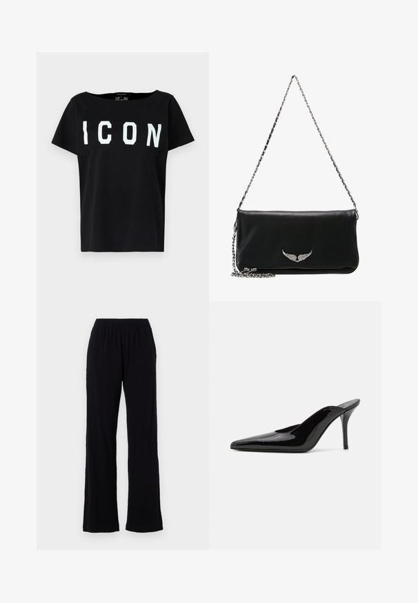 Zwarte katoenen T-shirt met een brede halslijn en korte mouwen. Dikke witte "ICON" letters op de voorkant. Effen achterkant. Zachte textuur.; Zwarte, lichte, elastische taillebroek met een rechte pijpdesign. Zachte textuur zonder zichtbare patronen of accenten. Eenvoudige en veelzijdige stijl.; Zwarte gepatineerde leren hoge hak muiltjes met een spitse neus en een slanke silhouet, met een open achterkant en een slanke stilettohak.; Zwarte leren clutch met een zilveren kettingband, met een gevleugeld embleem aan de voorkant, een gladde textuur en een ritssluiting aan de onderkant.