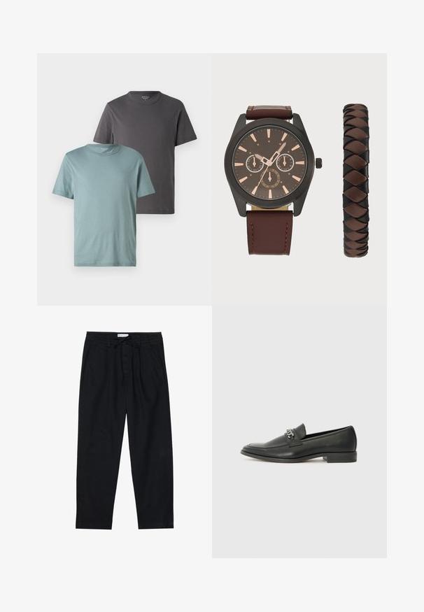 Du apskritimi T-maišai skirtingų spalvų: vienas šviesiai žalias, o kitas tamsiai pilkas. Abu turi trumpas rankoves ir sklandžią medvilnės tekstūrą.; Pier One Chino stiliaus kelnės - black; Juodos odinės loafer tipo bateliai su lygiu paviršiumi, turintys siuvinėtą dizainą ir dekoratyvų metalo grandinėlės akcentą ant batų viršaus. Plokščias kulnas.; Pier One SET - Laikrodis - black/brown