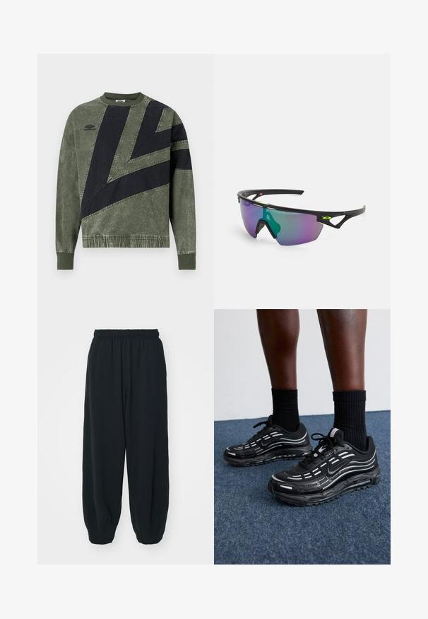 Langermet, grønn og svart fargeblokkert genser med ribbestrikkede mansjetter og krage, med Umbro-logo på venstre bryst.; Sorte, joggebukser med elastisk liv, løs passform, mansjetter på ankler, glatt tekstur og uten synlige mønstre eller hardware-detaljer.; Sorte Nike-sko har en mesh-overdel med aksentstriper, teksturert snøring og en svart gummisåle. Brukt med svarte ribbede sokker.; Sports solbriller med en svart ramme, store gradientlinser i lilla og grønne nyanser, samt vinklede designaksenter med logo-detalj.