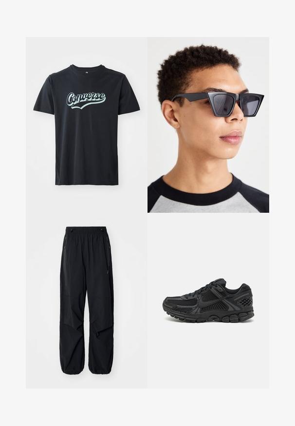 Musta puuvillapaita, jossa on turkoosi "Converse"-logo, pyöreä kaula-aukko ja lyhyet hihat, sekä sileä pinta.; Mustat kevyet cargo-housut, joissa on joustava vyötärö, sivuvetoketjut ja tilavat taskut. Ominaisuuksiin kuuluu rento istuvuus ja kapenevat hihnat.; Musta urheilukenkä, jossa on verkkouppous, kumipohja ja teksturoituja yksityiskohtia. Suunnittelussa on selkeä kengännauhojen järjestelmä ja pehmustettu pohja.; Mustat kulmikkaat aurinkolasit tummilla linsseillä, joissa on rohkea geometrinen muotoilu ja mattapintainen viimeistely. Käytössä henkilöllä, jolla on lyhyt hius.