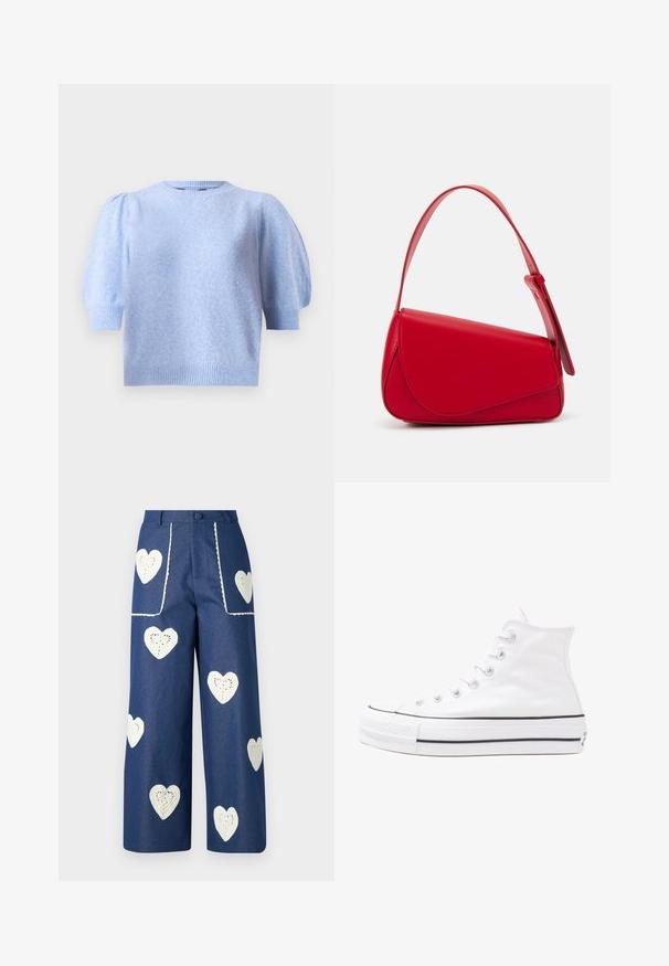Ljusblå kortärmad tröja med rund halsringning, texturerad yta och puffärmar. Ribbad kant vid ärmar och nederkant.; Sister Jane HEART TO HEART - Jeans straight leg - blue denim; Vit hög topp canvas sneaker med svart gummisulan, framsidan gummitåhätta och sex öglor för snören, med en ren, minimalistisk design.; Röd läderhandväska med en vinkelrät, geometrisk design. Har ett justerbart axelband och en klaffstängning med sydda detaljer.