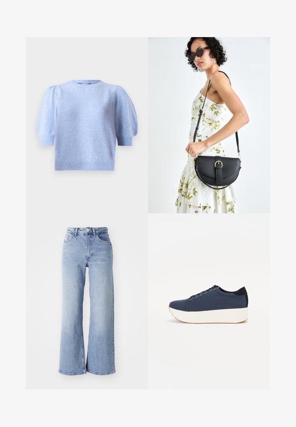 Light blue short-sleeve sweater with a round neckline, textured finish, and puffed sleeves. Ribbed trim at sleeves and hem.; Light blue high-waist wide-leg jeans with front and back pockets, button closure, and subtle fading on the thighs and hems.; Navy blue sneaker with a textured fabric upper, white platform sole, rounded toe, and black heel accent. Features six eyelets for laces.; Black leather handbag with a curved shape, detachable strap, and gold hardware. The bag features a flap with a buckle detail.