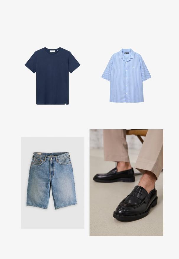 Námořnická modrá bavlněná tričko s kulatým výstřihem, krátkými rukávy a malým vyšitým logem na levém prsu. Hladká textura.; Košile na knoflíky s krátkým rukávem v světle modré barvě s bílými vertikálními pruhy. Obsahuje klasický límec a malé logo na hrudi. Hladká textilie.; Džínové šortky v světlé modré barvě s klasickým střihom. Mají pět kapes, oranžové švy a okraje s odřením.; Černé kožené loafers s hladkým povrchem, zdobené páskem a kontrastním prošíváním, spárované s béžovými kalhotami.