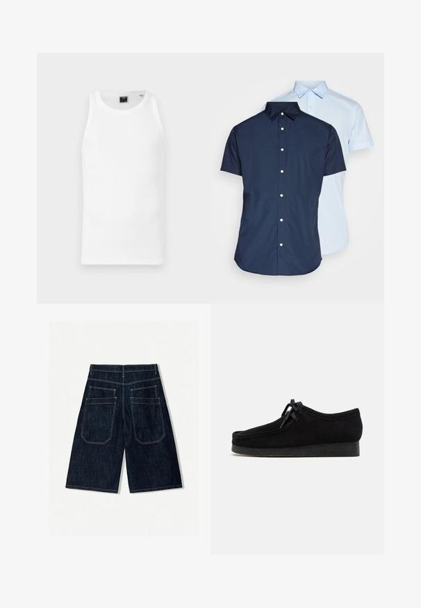 Biela bavlnená tielko s okrúhlym výstrihom, širokými výrezmi na rukávy a úzkym strihom. Obsahuje štítok vo vnútri výstrihu. Hladká textura.; Košele s krátkym rukávom na gombíky, jedna v námorníckej modrej a druhá v svetlomodrej, s goliermi, predným zapínaním na gombíky a hladkou textúrou látky.; Tmavomodré denim šortky s voľným strihom, so siedmymi zadnými vreckami, kontrastným prešívaním a rovný strih.; Čierne semišové topánky s dizajnom zaobleného nosa, šnurovaním vpredu a textúrovanou čiernou gumovou podrážkou. Hladký zvršok s jemným prešívaním.