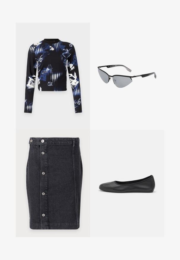 Juoda ilgarankovė marškinė, pagaminta iš audinio su mėlynais ir baltais abstrakčiais raštais, apvaliu kaklu ir prigludusia forma. Papuošta maža dekoratyvine detalė.; Tamsiai mėlyna džinsinė sijonas su tiesiu kirpimu, sidabrinės spaudės mygtukai priekyje ir subtilūs siuvinėjimo detalės palei siūles.; Juodai odiniai baletai su apvaliu pirštu, lygi texture, minimalus siuvimo detales ir lanksčiu padų dizainu.; Juodos saulės akiniai su kampuota katės akių forma. Sidabriniai veidrodiniai lęšiai. Ploni, lengvi plastikiniai rėmeliai su subtiliu ženklinimu ant šventyklų.; Sidabriniai metaliniai auskarai su lygiu, ašaros formos dizainu ir blizgiu paviršiumi. Subtilūs raižiniai prideda detalumo. Minimalistinis dizainas.