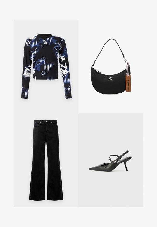 Fekete anyagból készült hosszúujjú póló kék és fehér absztrakt mintákkal, kerek nyakkal és testhez álló fazonnal. Kicsi dekoratív részlet jellemzi.; Fekete denim széles szárú farmernadrág magas derékkal, öt zsebes dizájnnal és látható varrási részletekkel. Sima tapintású, enyhén fényes.; Fekete bőrszíjjal ellátott magassarkú cipő, hegyes orral, karcsú sarkával és díszes csattal a vamp részén. Simás textúra és elegáns dizájn.; Fekete bőrtáska, melynek felülete szemcsés, ívelt formájú, felül zippzárral záródik, ezüst színű fémrészletekkel és barna cimkével rendelkezik. Jellemzője a logós díszítés.