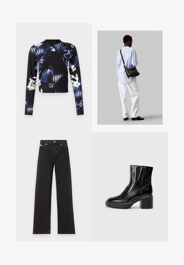 Fekete anyagból készült hosszúujjú póló kék és fehér absztrakt mintákkal, kerek nyakkal és testhez álló fazonnal. Kicsi dekoratív részlet jellemzi.; Fekete, bőszárú farmernadrág, magas derekú, öt zsebes kialakítással és fém gombos záródással, kontrasztos varrással.; Fekete lakkbőr bokacsizma ívelt orral, elasztikus oldalpanelek és vastag blokk sarkal. A hátsó részen dombornyomott logó található.; Fekete bőr válltáska puha tapintással, háromszög alakú, állítható pánttal, világoskék csíkos inggel és fehér nadrággal párosítva.