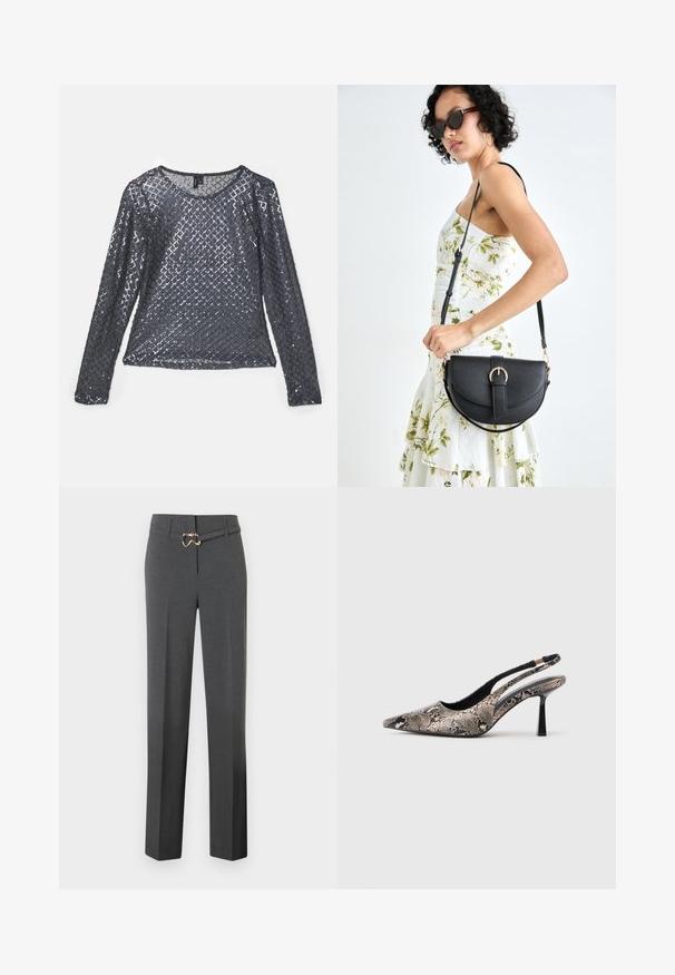 Long-sleeve top in dark grey fabric, covered in diamond-patterned sequins, with a rounded neckline and lightweight, reflective texture.; Dark gray tailored women's trousers with straight legs and a thin matching belt featuring a gold-tone buckle.; Pointed-toe slingback shoes made of textured snake print material, featuring a slender black heel and a cutout design on the sides.; Black leather handbag with a curved shape, detachable strap, and gold hardware. The bag features a flap with a buckle detail.