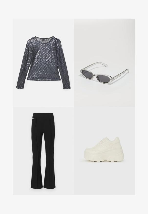 Hosszú ujjú felső sötétszürke anyagból, gyémántmintás flitterekkel borítva, lekerekített nyakkivágással és könnyű, fényvisszaverő textúrával.; Fekete, magas derekú, trapéznadrág, elülső varrás részletekkel és egy kis márkajelzéssel a bal felső oldalán.; Fehér platform sportcipők, sima bőrszerű felsőrésszel, kerek formával, párnázott bokával és texturált gumitalppal, jól definiált mintázattal.; Ovális formájú napszemüveg, átlátszó műanyag keret, sötétszürke lencsék és vékony, átlátszó szárak, logóakkcentussal és minimális díszítéssel.