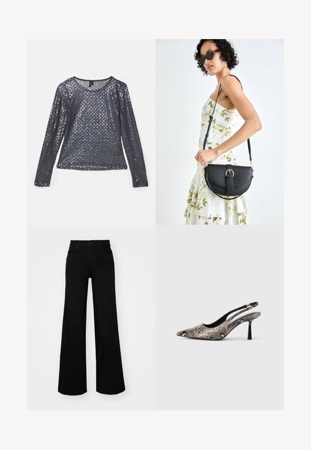 Long-sleeve top in dark grey fabric, covered in diamond-patterned sequins, with a rounded neckline and lightweight, reflective texture.; Black wide-leg pants made of denim, featuring a structured waistband, belt loops, and front pockets. Smooth texture with a classic design.; Pointed-toe slingback shoes made of textured snake print material, featuring a slender black heel and a cutout design on the sides.; Black leather handbag with a curved shape, detachable strap, and gold hardware. The bag features a flap with a buckle detail.