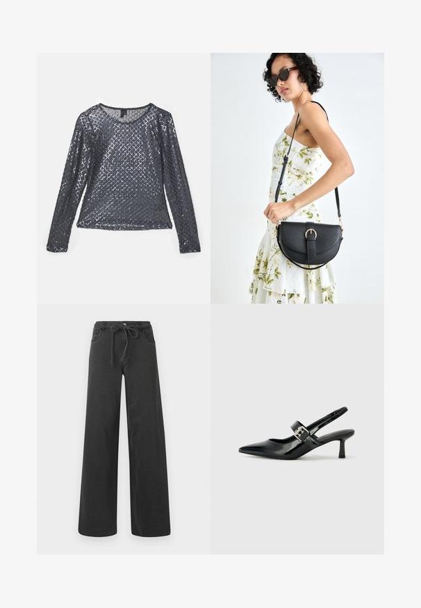 Long-sleeve top in dark grey fabric, covered in diamond-patterned sequins, with a rounded neckline and lightweight, reflective texture.; Black wide-leg jeans made of denim, featuring a drawstring waist, two front pockets, and a smooth texture. No visible patterns or accents.; Black patent leather slingback heels with a pointed toe and a small block heel, featuring a silver buckle accent on the strap.; Black leather handbag with a curved shape, detachable strap, and gold hardware. The bag features a flap with a buckle detail.