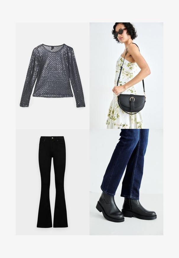 Dugih rukava, tamnosiv gornji dio od tkanine, prekriven dijamantnim uzorkom od šljokica, s okruglim izrezom i laganom, reflektirajućom teksturom.; Crne traperice viskog struka s kopčanjem na gumb i rajfeslusu, prednjim džepovima i širom nogavicama položene su ravno na bijeloj pozadini.; Crne kožne gležnjače s debelim potplatom i bočnim elastičnim panelima, uparene s tamnoplavim trapericama. Podlogu čini svijetla boja.; Crna kožna torba s lukovitim oblikom, odvojivim remenom i zlatnim detaljima. Torba ima preklop s kopčom.