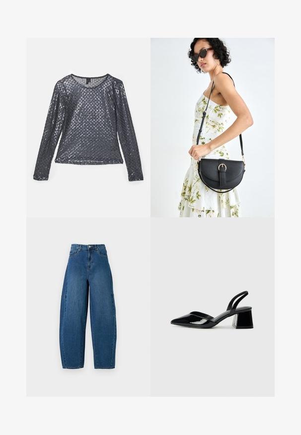 Tumedast hallist kangast pikka varrukatega topp, kaunistatud teemantmudelitega trükisega, ümarate kaeluste ja kerge, peegeldava tekstuuriga.; Keskmise sinise tooniga teksad, millel on kõrge talje, lai jalaliik ja standardne viie taskuga disain koos nähtavate õmbluste detailidega.; Mustad musta lakknahk kingad, millel on terav varvas ja geomeetriline plokkkonts. Omab elegantselt minimalistlikku disaini ja sujuvat tekstuuri.; Mustmust mustraha kõverate joontega, eemaldatava rihmaga ja kuldsete detailidega. Kotil on klapp, millel on pandladetail.