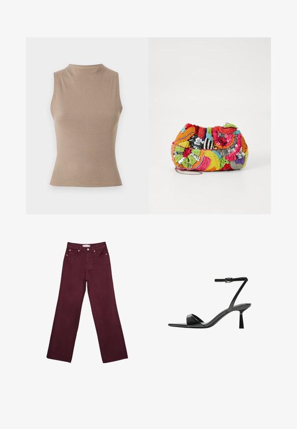 Béžový bezrukávový top s vysokým golierom, rebrovanou textúrou a priliehavým strihom. Minimalistický štýl bez viditeľných zdobení.; Bordové džíny s vysokým pásom a rovnými nohavicami, ktoré majú predné vrecká, zapínanie na gombík a akcenty z medi.; Bershka Sandále na vysokom opätku - black; Viacfarebná, textúrovaná kabelka vyrobená z korálkovanej látky s detailnými vzormi. Obsahuje klips a krátke reťazové ramienko.