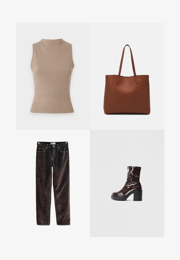 Béžový bezrukávový top s vysokým golierom, rebrovanou textúrou a priliehavým strihom. Minimalistický štýl bez viditeľných zdobení.; Hnedé kordové nohavice s rovnými nohavicami, piatimi vreckami, kontrastným prešitím a gombíkovým zapínaním v páse. Mäkka textura s ryhovaným vzorom.; Lesklé burgundské kotníkové boty s robustním černým podpatkem, s hladkou strukturou a jednoduchým designem. Bez viditelných zapínání nebo vzorů.; Hnedá kožená taška na rameno s hladkou textúrou, otvoreným vrchom a dvoma ramenými popruhmi. Má minimálne šitia a žiadne viditeľné kovania.