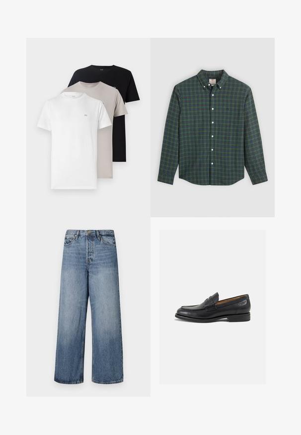 Kolme pyöreäkankaista t-paitaa valkoisena, beigenä ja mustana, jotka ovat valmistettu pehmeästä puuvillamateriaalista ja joissa on pieni logo rinnassa jokaisessa värissä.; Pitkähihaista nappipaitaa, jossa on vihreä, sininen ja keltainen ruudullinen kuvio, valkoiset napit ja napitettava kaulus.; Värikkäät siniset farkut, joissa on leveät lahkeet ja haalistunut pesu, viiden taskun muotoilu sekä nappikiinnitys. Varustettu vyölenkeillä ja ommellulla yksityiskohdalla.; Mustat nahkaloaferit, joissa on sileä pinta, pyöreä varvas ja koristeompeleet varpaansuojassa. Matala pinottu korko ja hieno kiilto.