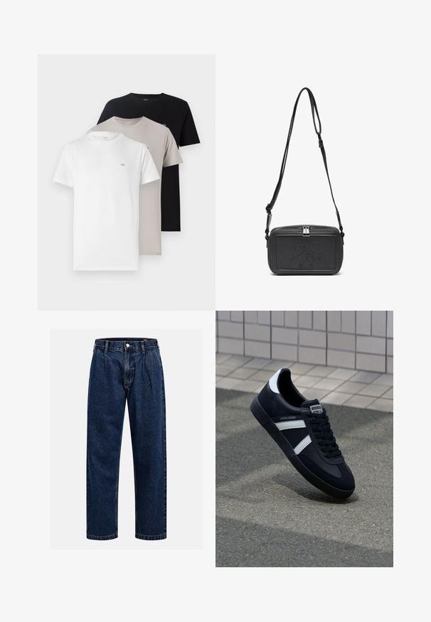 Drei Rundhals-T-Shirts in Weiß, Beige und Schwarz, aus einem weichen Baumwollmaterial gefertigt, mit einem kleinen Logo auf der Brust in jeder Farbe.; Dunkelblaue Denim-Jeans mit geradem Bein. Mit sichtbaren Nähten, einem Knopfverschluß und Frontfalten für zusätzliche Details.; Schwarze Leder-Sneaker mit weißen Streifen, strukturiertem Gummisohle und Schnürung. Verfügt über ein Markenetikett auf der Zunge.; Schwarze Leder-Crossbody-Tasche mit einem Reißverschluss, geprägtem Logo auf der Vorderseite und verstellbarem Riemen. Glatte Textur mit rechteckiger Form.