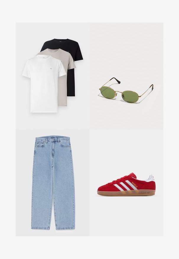 Drei Rundhals-T-Shirts in Weiß, Beige und Schwarz, aus einem weichen Baumwollmaterial gefertigt, mit einem kleinen Logo auf der Brust in jeder Farbe.; Hellblaue Jeans aus Denim mit geradem Bein, ausgestattet mit einer mittelhohen Taille, fünf Taschen sowie einem Knopf- und Reißverschluss.; Rote Wildleder-Sneaker mit weißem Dreistreifen-Design und goldenem "Gazelle"-Schriftzug. Besitzt eine Gummisohle und eine strukturierte Ferse.; Ovale Sonnenbrillen mit grünen Gläsern, goldfarbenem Metallrahmen und dunkelbraunen Kunststoffenden. Leichtgewichtig mit sichtbarem Ray-Ban-Logo auf einem Glas.