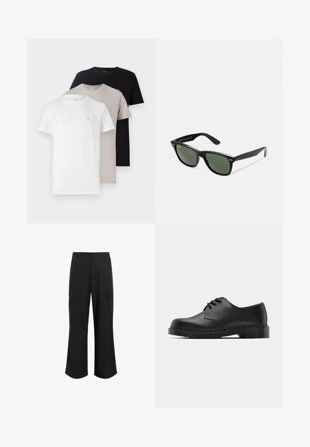 Drei Rundhals-T-Shirts in Weiß, Beige und Schwarz, aus einem weichen Baumwollmaterial gefertigt, mit einem kleinen Logo auf der Brust in jeder Farbe.; Schwarze Cargo-Hose aus leichtem Stoff, mit entspannter Passform, zwei großen Seitentaschen und Knopfverschluss.; Schwarze Leder-Oxford-Schuhe mit Schnürdesign, runder Zehenform, flacher Gummisohle und subtilen Nähten entlang des oberen Teils.; Schwarze Plastiksonnenbrille mit grünen Gläsern, quadratischen Rahmen, silbernem Akzent auf der Augenbraue und strukturierten Bügeln. Angegebene Marke auf dem inneren Bügel.