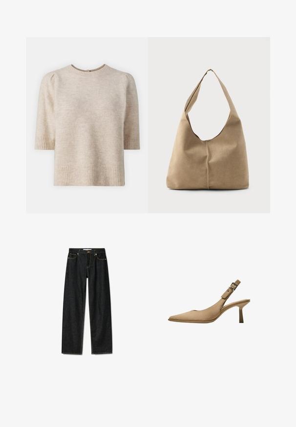 Selected Femme SLFLULU SS OPEN BACK O-NECK NOOS - T-paita - birch; Tummat farkut suoran leikkauksen muotoilulla, messinkipainike sulkemiseen ja kontrastivärillä keltaisella ompelulla. Sisältää viisi taskua ja klassisen istuvuuden.; Beige slingback-korkokenkiä, joissa on terävä kärki, teksturoitu mokkanahka ja hoikka korko. Varustettu säädettävällä soljella turvallista istuvuutta varten.; Hobo-laukku pehmeästä beige-suedesta, jossa on löysä muoto, leveä olkahihna ja käsinommeltu sauma edessä.