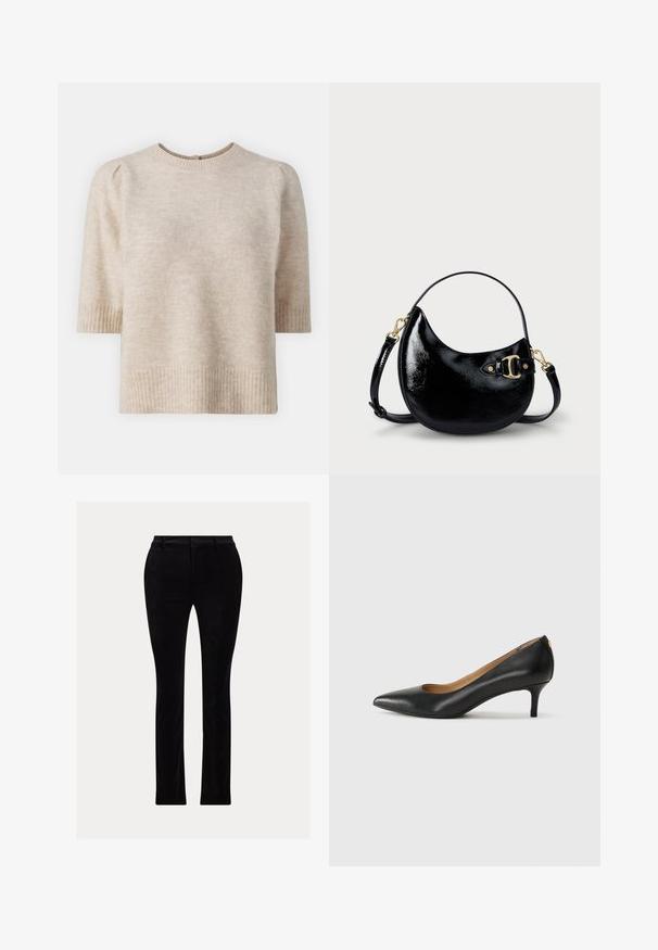 Selected Femme SLFLULU SS OPEN BACK O-NECK NOOS - Camiseta básica - birch; Pantalones negros hechos de una tela suave y aterciopelada. Corte entallado con pierna recta, que presenta una cinturilla tradicional y trabillas para el cinturón.; Zapato de tacón negro de cuero con punta afilada, tacón bajo y textura suave. Presenta una ligera apertura en la parte frontal y un hardware minimalista en la parte trasera.; Bolso de mano de charol negro con forma curvada, correa ajustable y detalles en hardware dorado en el lateral. Textura lisa y brillante.