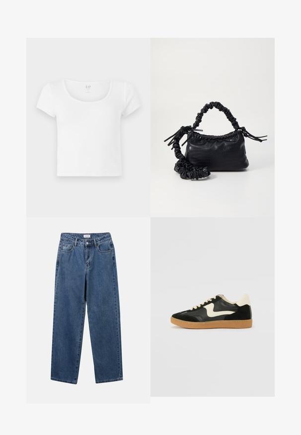 White short-sleeve cropped t-shirt made of soft cotton, featuring a rounded neckline and simple design without patterns or accents.; Classic blue denim jeans with a straight-leg design, five pockets, and a button closure. Features a medium wash and sturdy texture.; Black suede and leather sneaker with a cream side swoosh and light cream heel. Features beige laces and a gum rubber outsole.; Black faux leather handbag with a crocodile texture, cinched top, and a scrunched strap. Appears soft and compact in design.