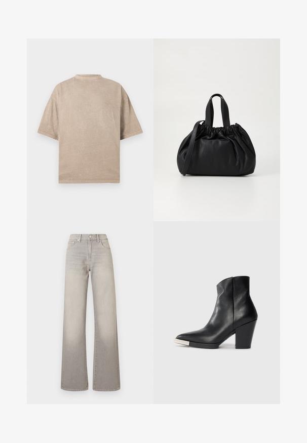 Oversized beige t-shirt met een ronde hals, korte mouwen en een textuurafwerking. Eenvoudig ontwerp zonder patronen of accenten.; Grijze wijde jeans met een vervaagde afwerking, knoopsluiting, vijfzakkenontwerp en gestikte details langs de naden.; Zwarte leren enkelboot met een spitse neus, hoge blokhak en zilveren teendopdetail. Glad oppervlak en eenvoudig ontwerp.; Zwarte leren handtas met een geplooid ontwerp aan de bovenkant, voorzien van twee korte handvatten en een lange verstelbare schouderband. Gladde textuur, ronde vorm.