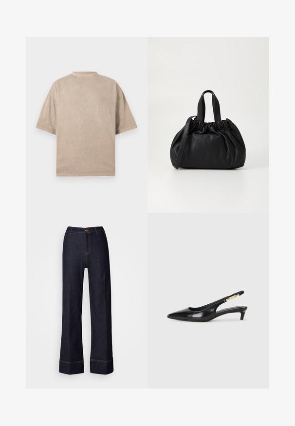 T-shirt beige oversize con colletto tondo, maniche corte e finitura testurizzata. Design semplice senza motivi o accenti.; Pantaloni a gamba larga in denim scuro con vita alta, caratterizzati da una chiusura con bottone frontale e dettagli con cuciture arancioni. Texture liscia in tutto il capo.; Tacchi slingback in pelle nera con punta affusolata, caratterizzati da un tacco alto e un accento dorato sulla cinghia regolabile. Texture liscia.; Borsa a tracolla in pelle nera con design a cima arricciata, dotata di due manici corti e di una lunga tracolla regolabile. Texture liscia, forma arrotondata.